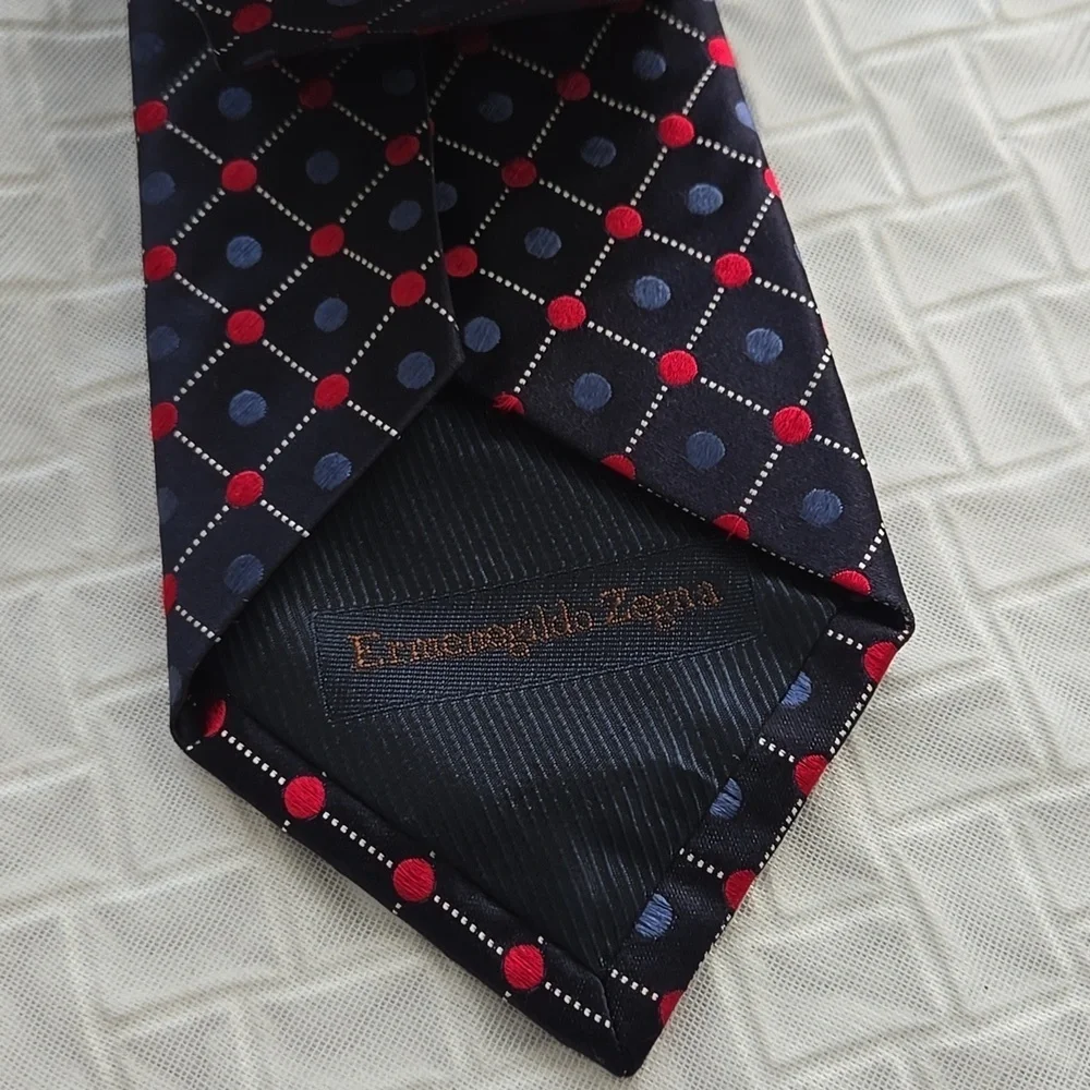 Ermenegildo Zegna Navy Geometric Silk Tie with Red and Light Blue Dots